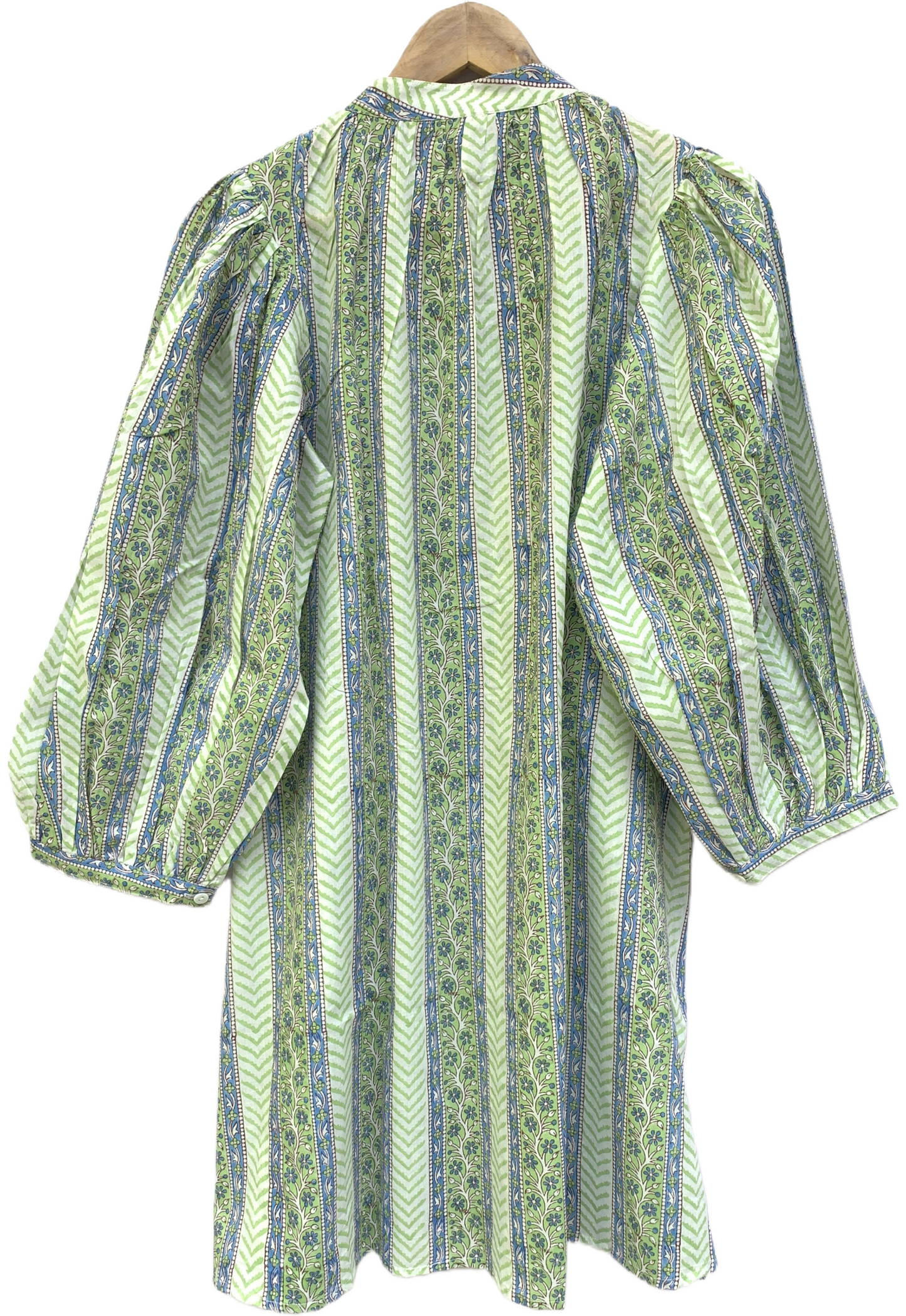 Green Floral Stripe Block Print Dress – Handmade Cotton Puff Sleeve Mini