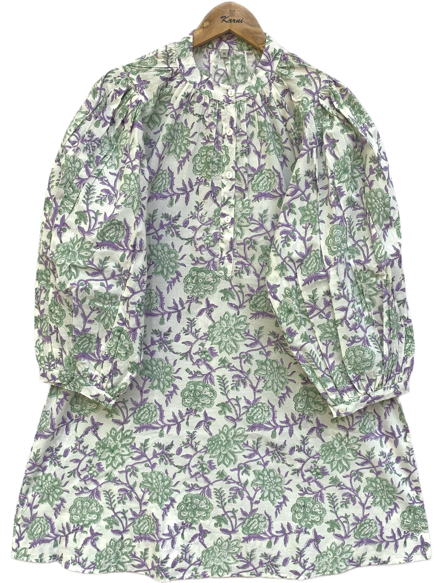 Green & Purple Floral Block Print Dress – Cotton Boho Mini with Balloon Sleeves