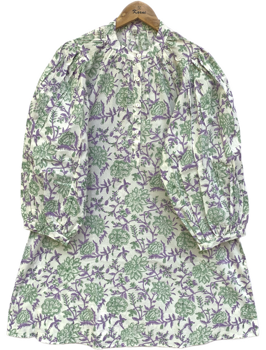 Green & Purple Floral Block Print Dress – Cotton Boho Mini with Balloon Sleeves