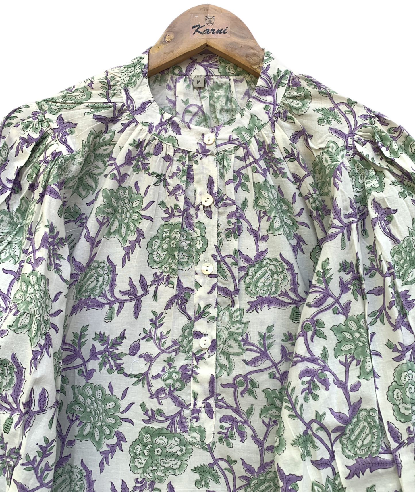 Green & Purple Floral Block Print Dress – Cotton Boho Mini with Balloon Sleeves