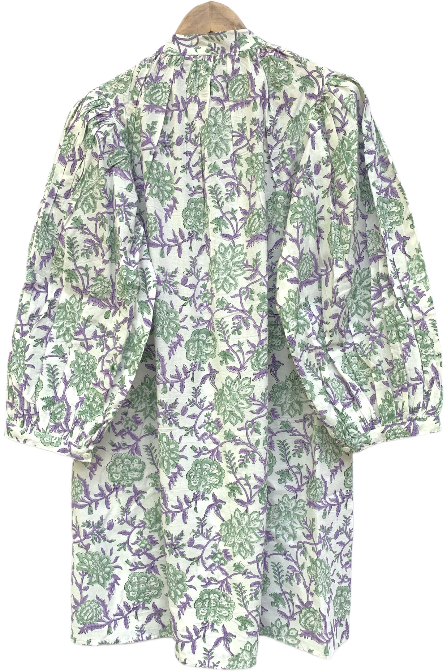 Green & Purple Floral Block Print Dress – Cotton Boho Mini with Balloon Sleeves