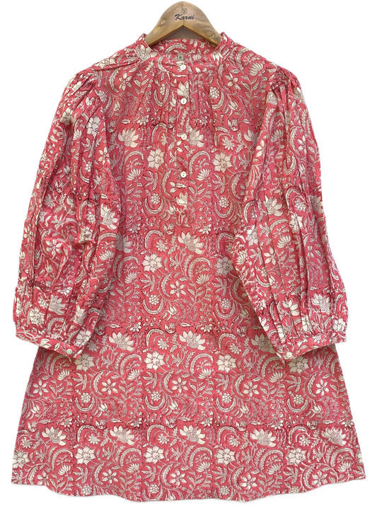 Pink Floral Block Print Dress – Cotton Boho Mini with Balloon Sleeves
