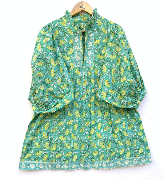 summer green mini dress with yellow floral print