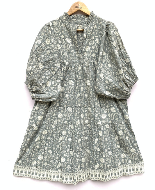 gray and white floral print cotton mini dress with belt