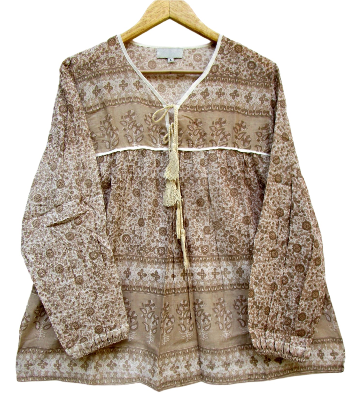 brown screen printed blouse for women with beige tassels