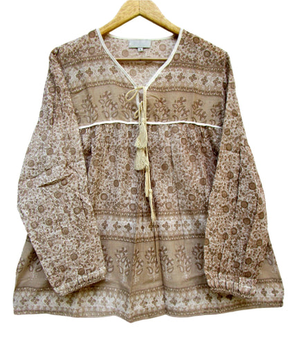 brown screen printed blouse for women with beige tassels