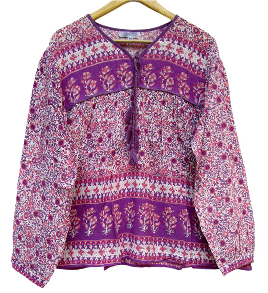 purple and pink floral blouse for women with tassels
