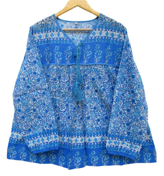 blue screen printed blouse for women