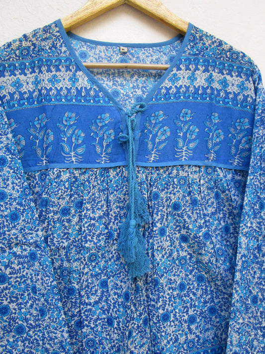 blue screen printed blouse for women