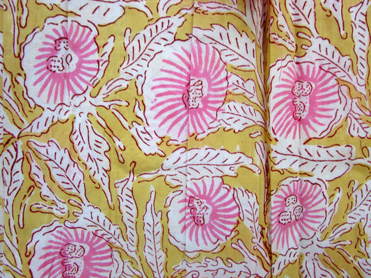 mustard blouse with pink floral pattern