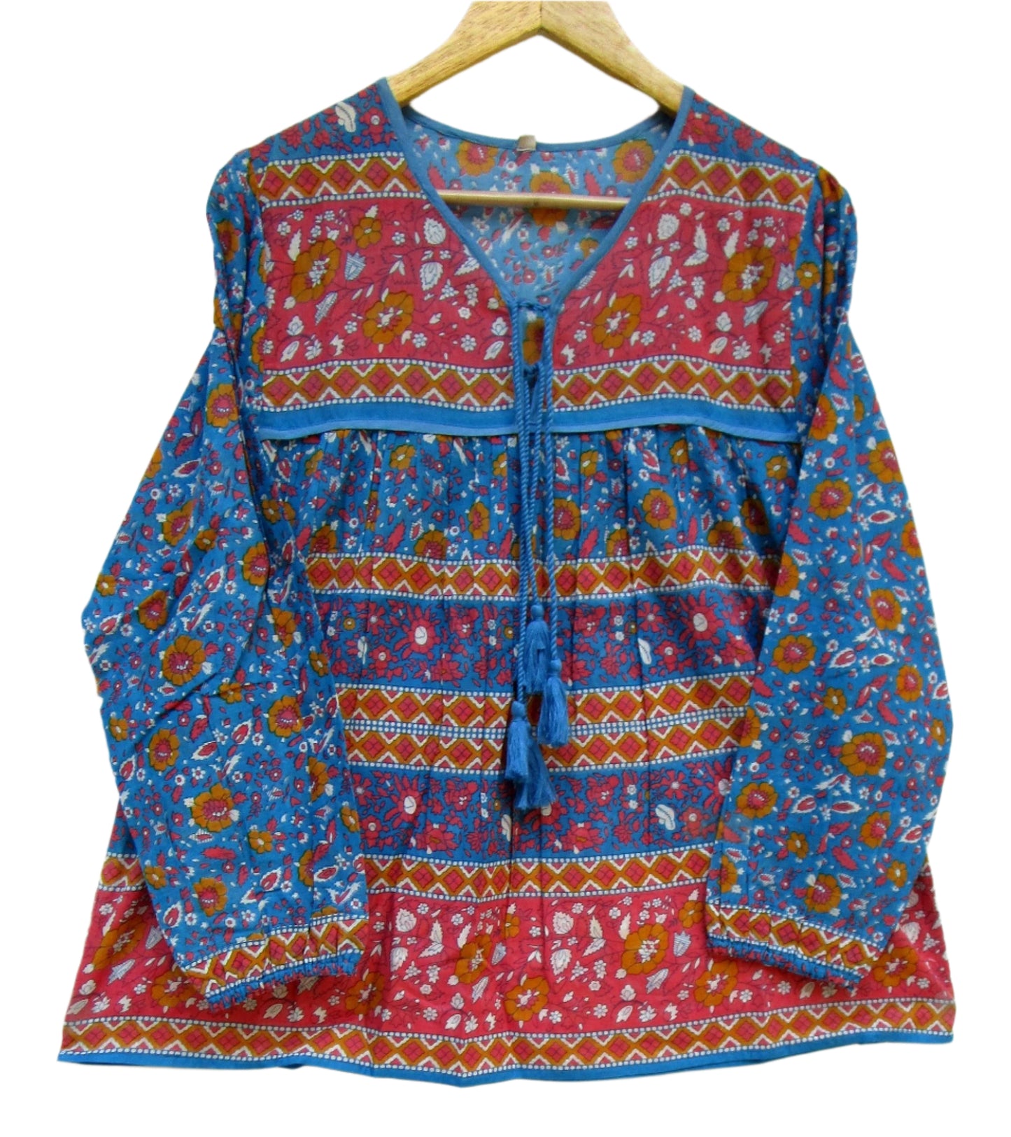 blue and red screen printed womens blouse