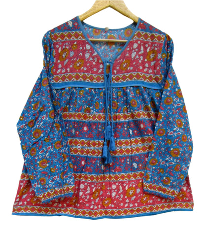 blue and red screen printed womens blouse