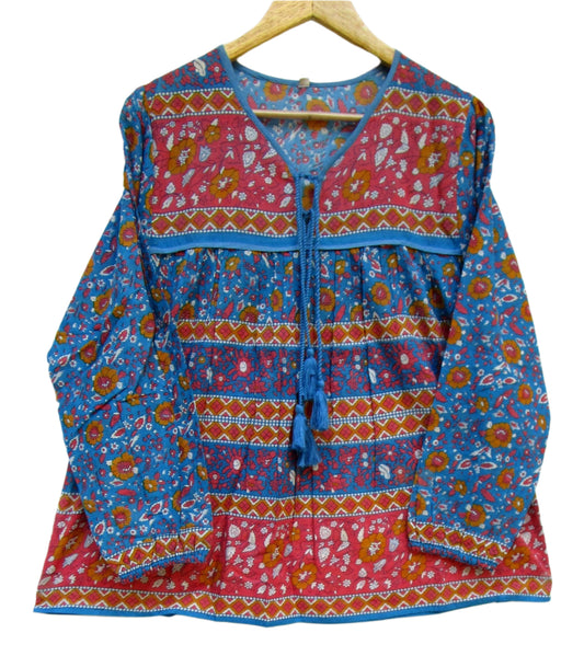 blue and red screen printed womens blouse