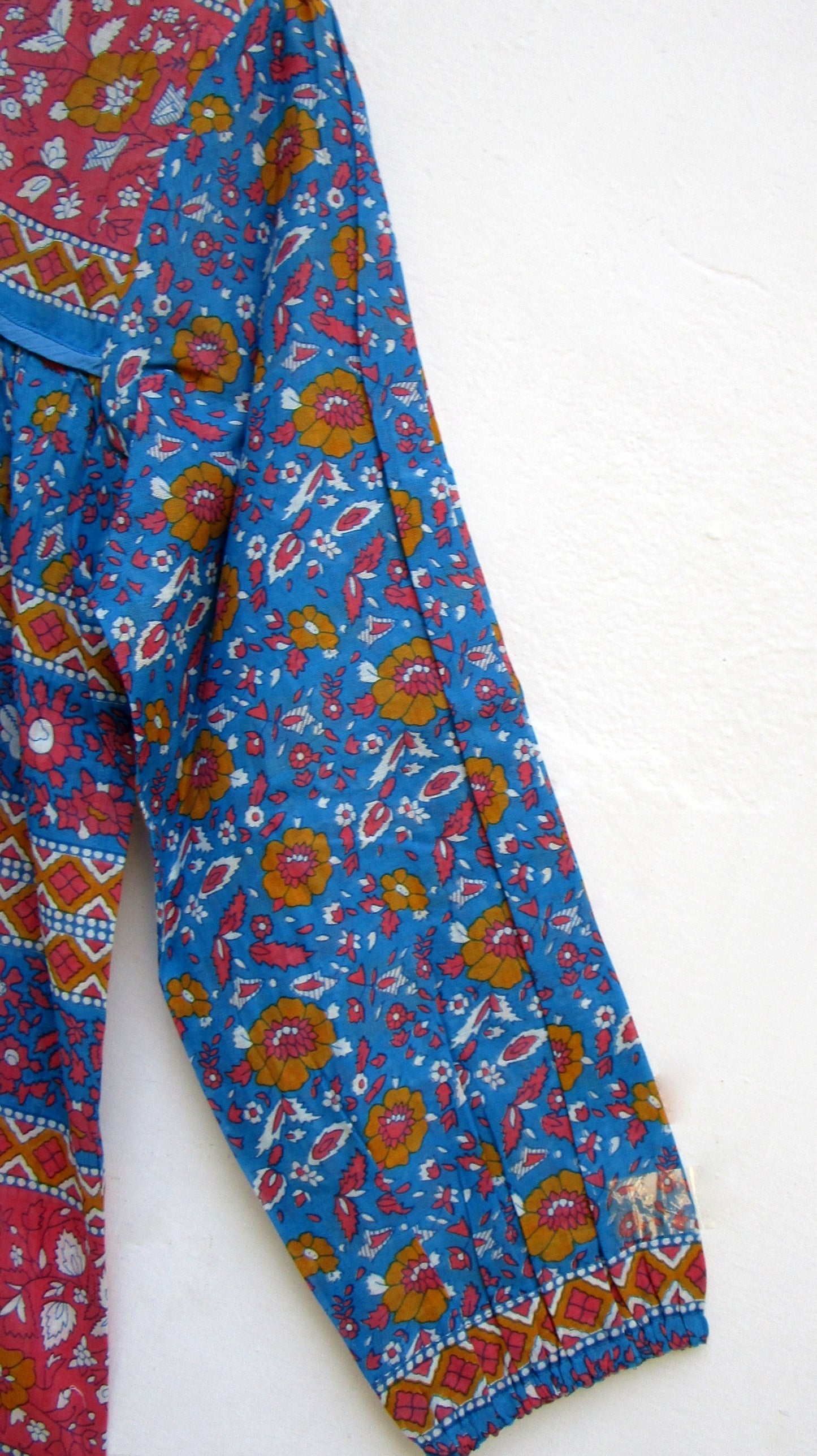 blue and red screen printed womens blouse
