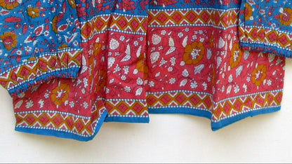 blue and red screen printed womens blouse