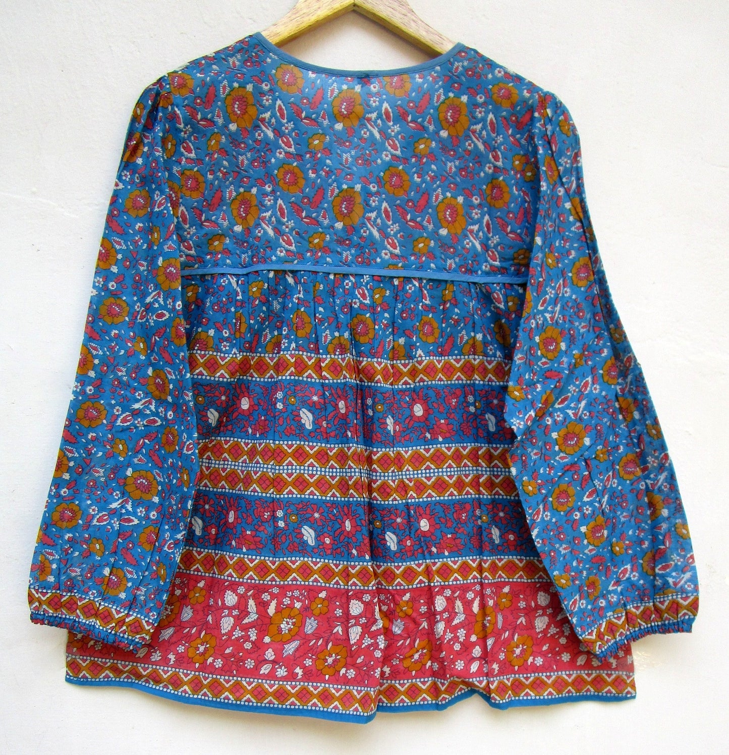 blue and red screen printed womens blouse