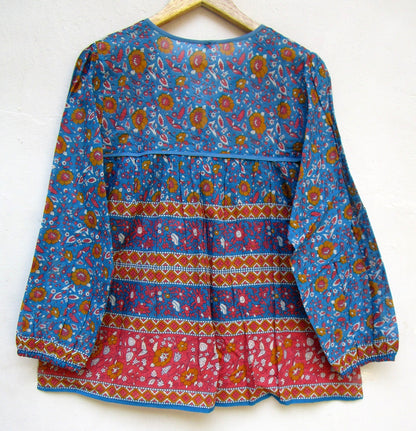 blue and red screen printed womens blouse