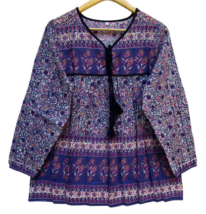 purple screen print blouse with tassels