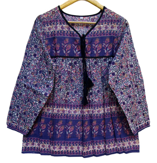 purple screen print blouse with tassels