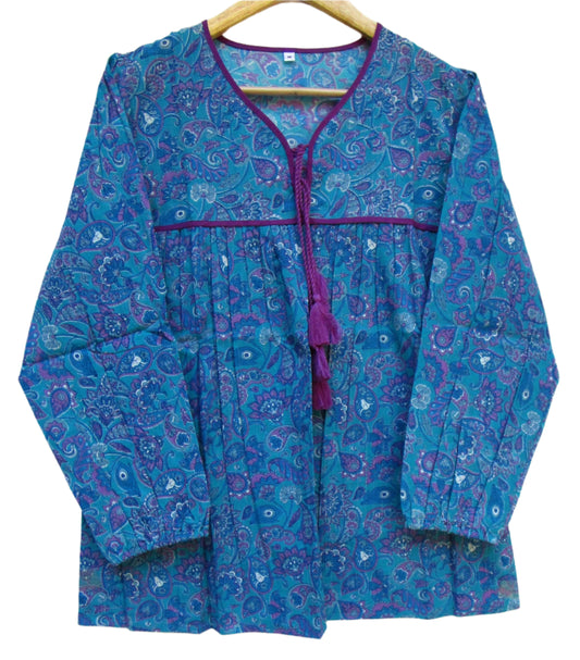 blue screen printed blouse with purple tassels