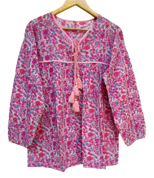 pink and blue screen printed cotton blouse for women