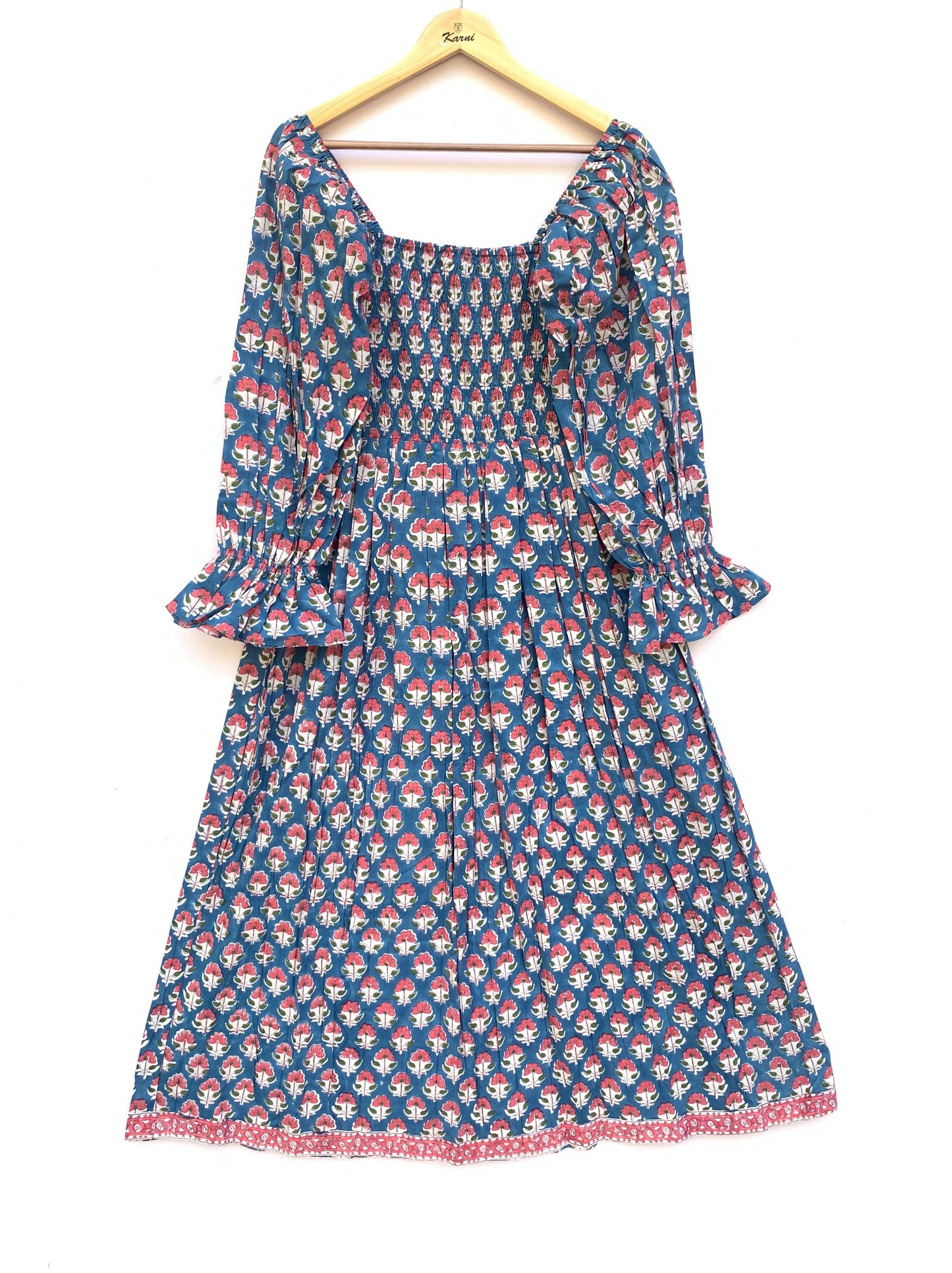 pink blue floral hand block printed womens maxi dress with smoking