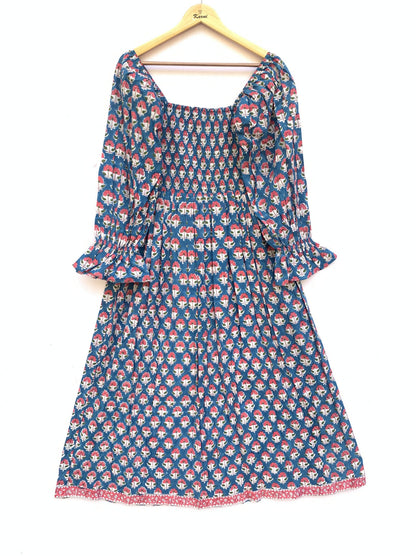 pink blue floral hand block printed womens maxi dress with smoking