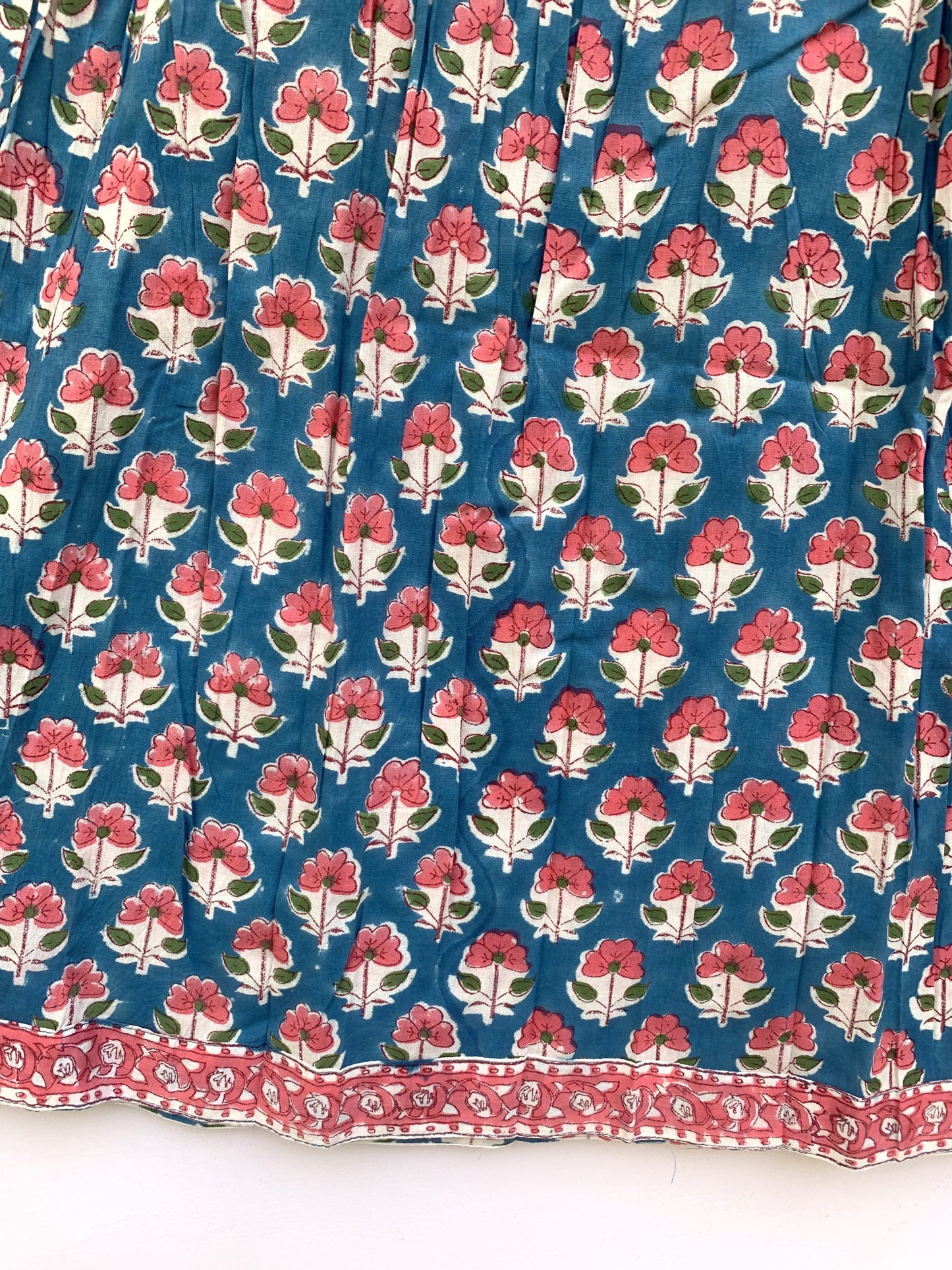 pink blue floral hand block printed womens maxi dress with smoking