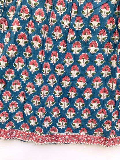 pink blue floral hand block printed womens maxi dress with smoking