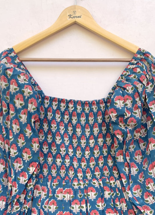 pink blue floral hand block printed womens maxi dress with smoking