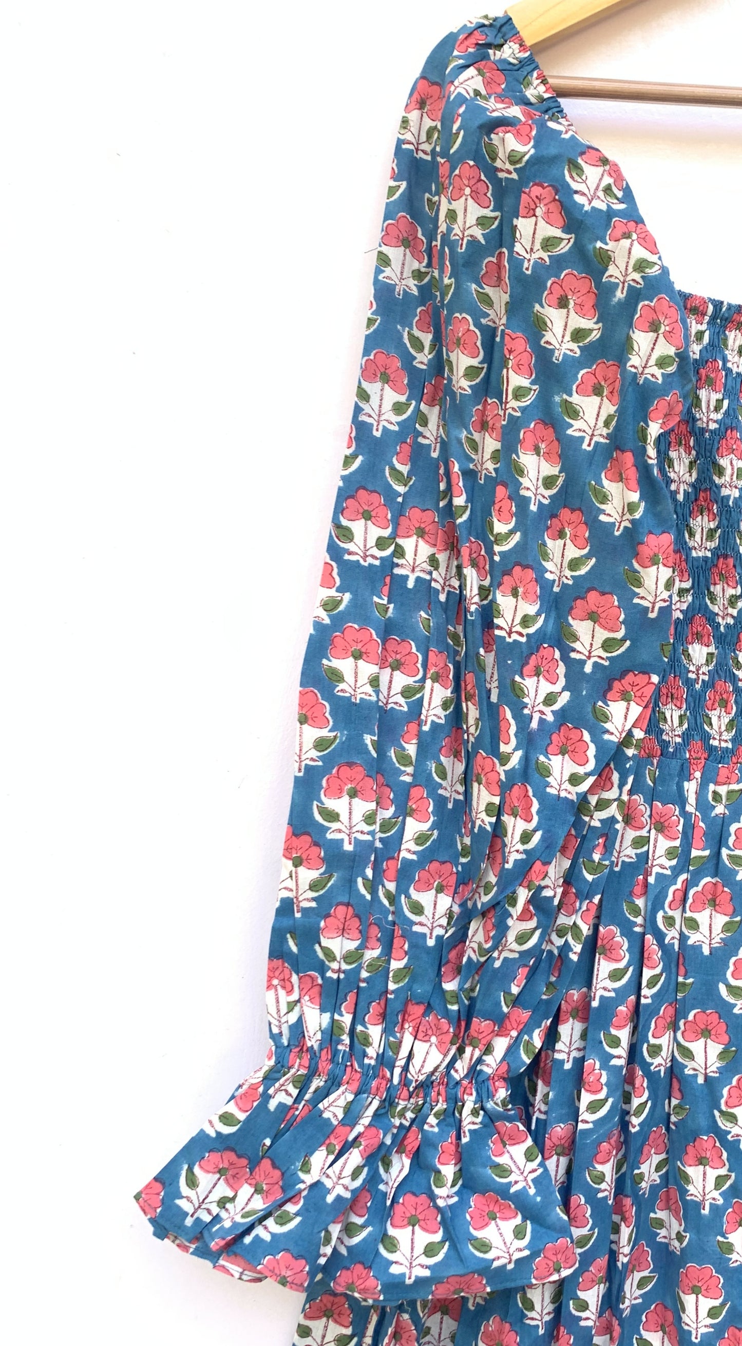 pink blue floral hand block printed womens maxi dress with smoking