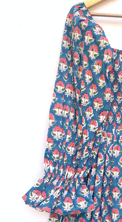 pink blue floral hand block printed womens maxi dress with smoking