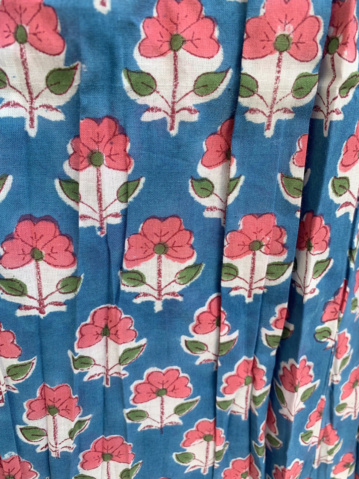 pink blue floral hand block printed womens maxi dress with smoking