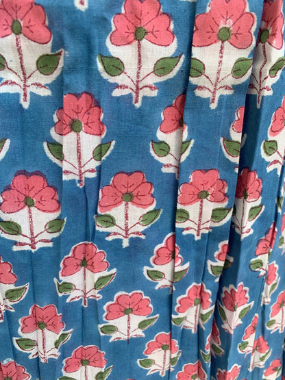 pink blue floral hand block printed womens maxi dress with smoking