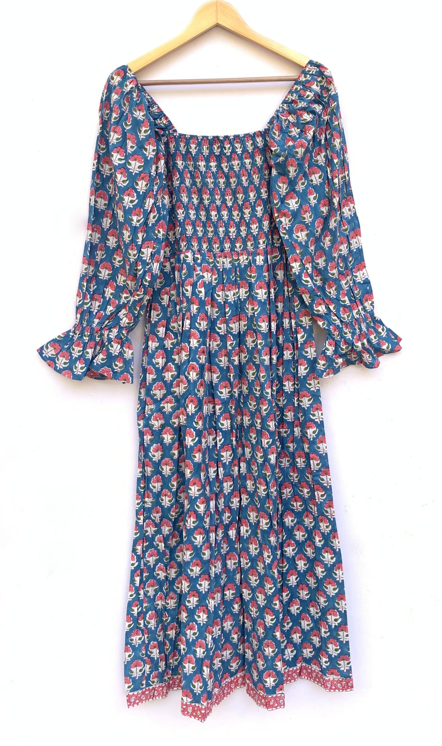 pink blue floral hand block printed womens maxi dress with smoking
