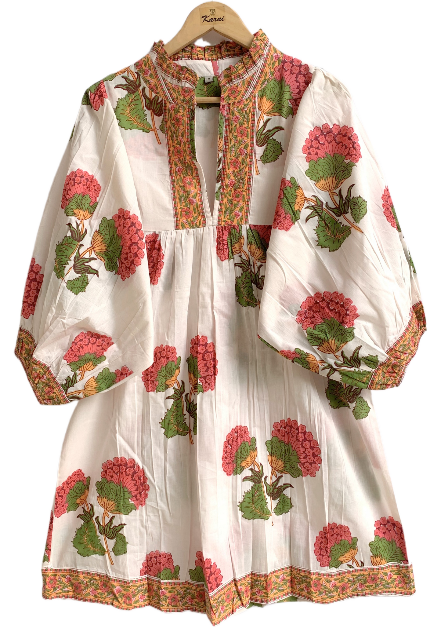 Floral Hand Block Printed Cotton Mini Dress – Puff Sleeve Boho Summer Dress