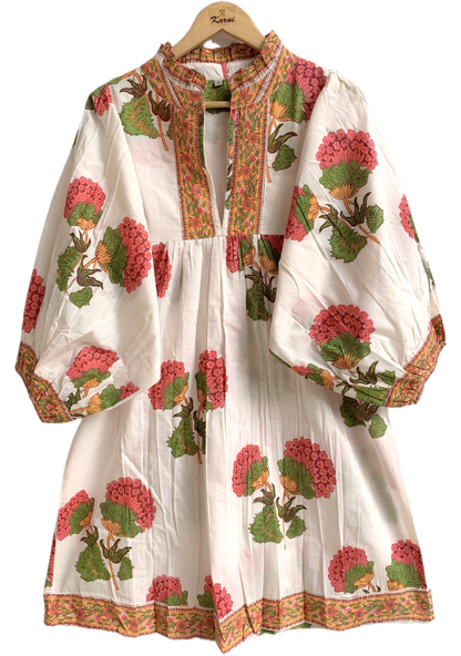 Floral Hand Block Printed Cotton Mini Dress – Puff Sleeve Boho Summer Dress