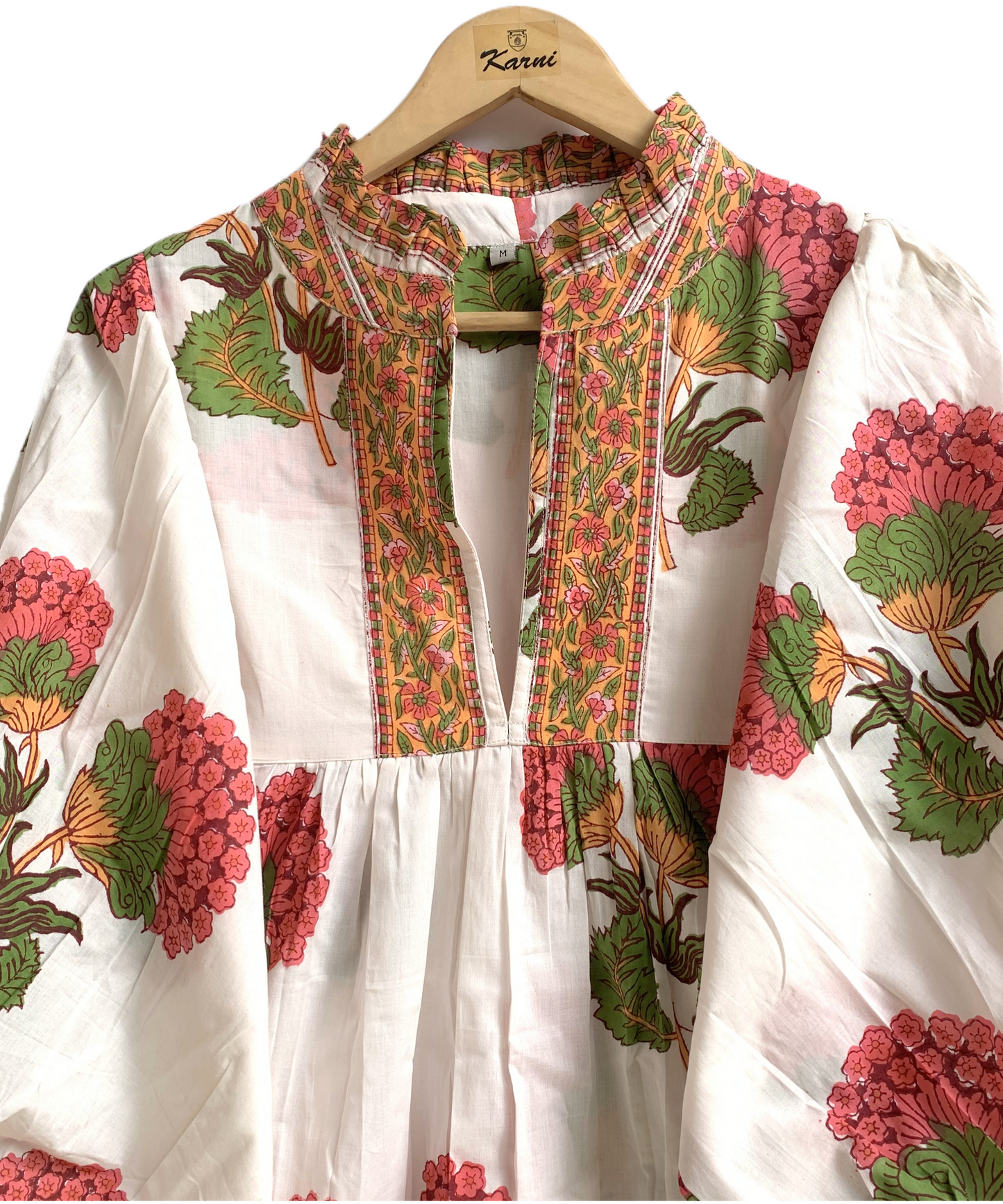 Floral Hand Block Printed Cotton Mini Dress – Puff Sleeve Boho Summer Dress