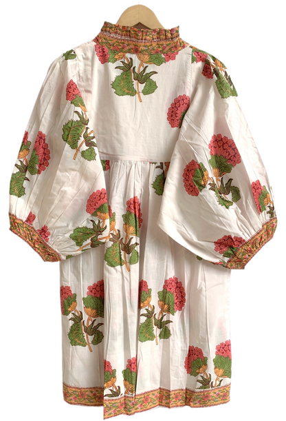 Floral Hand Block Printed Cotton Mini Dress – Puff Sleeve Boho Summer Dress