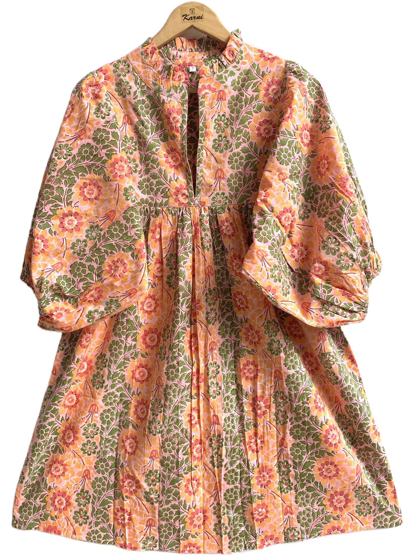 Peach Floral Hand Block Printed Cotton Mini Dress – Puff Sleeve Boho Summer Dress