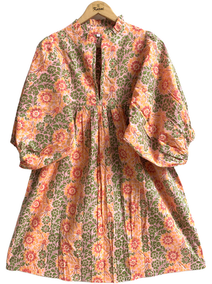 Peach Floral Hand Block Printed Cotton Mini Dress – Puff Sleeve Boho Summer Dress