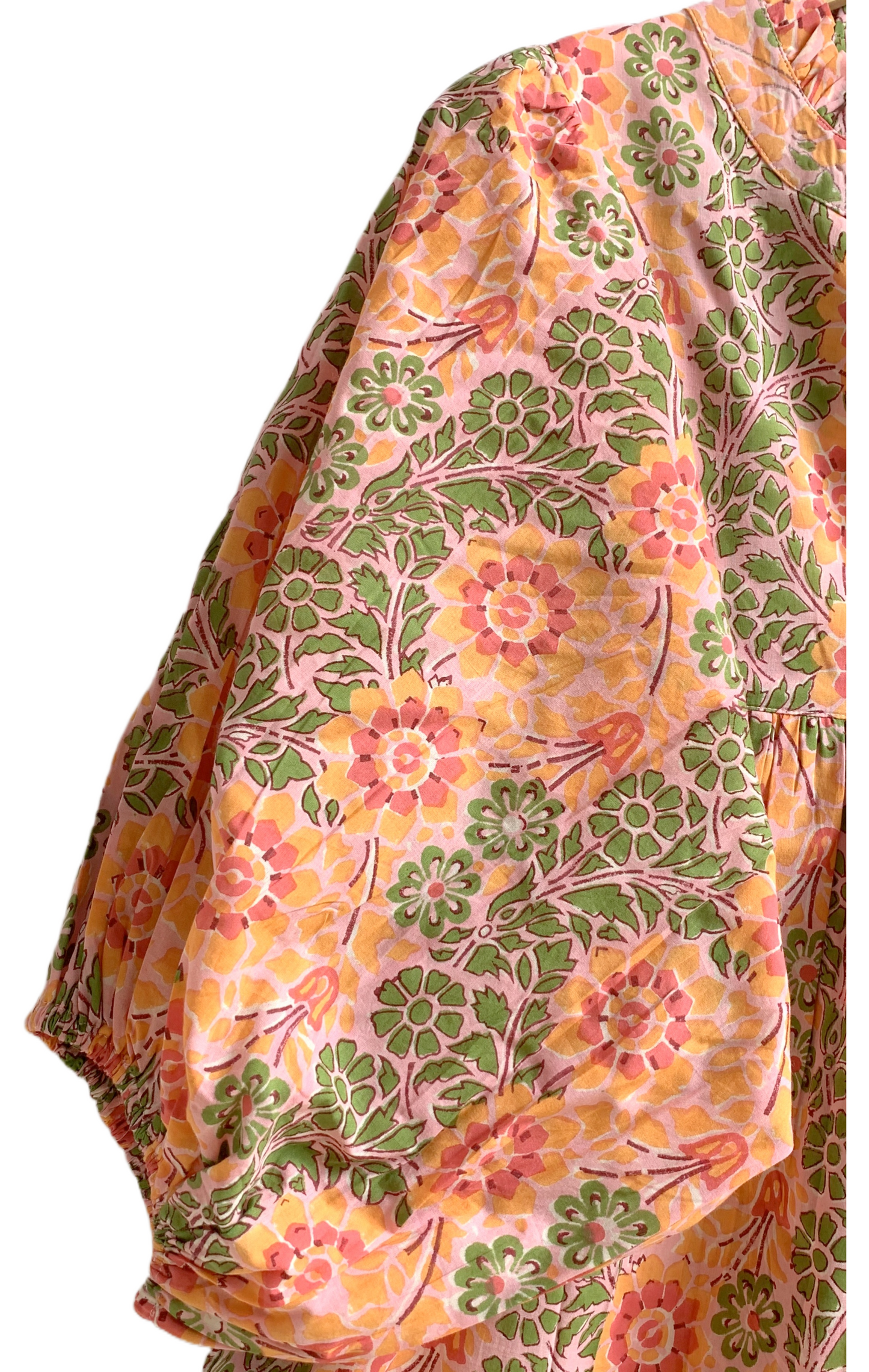 Peach Floral Hand Block Printed Cotton Mini Dress – Puff Sleeve Boho Summer Dress