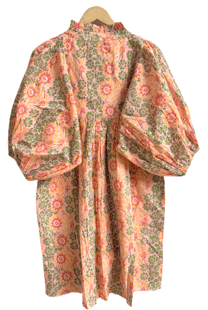 Peach Floral Hand Block Printed Cotton Mini Dress – Puff Sleeve Boho Summer Dress