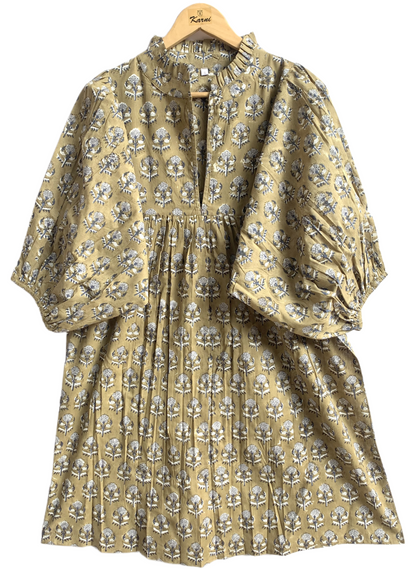 Olive Floral Hand Block Printed Cotton Mini Dress – Puff Sleeve Boho Summer Dress