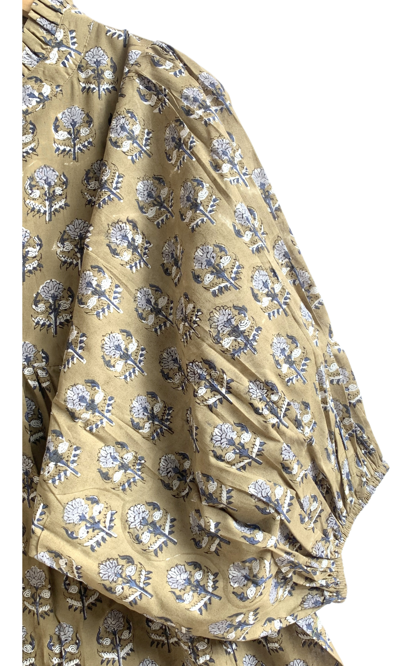 Olive Floral Hand Block Printed Cotton Mini Dress – Puff Sleeve Boho Summer Dress