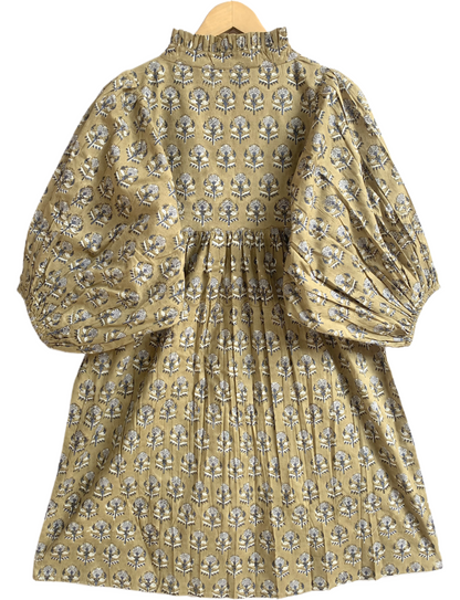 Olive Floral Hand Block Printed Cotton Mini Dress – Puff Sleeve Boho Summer Dress