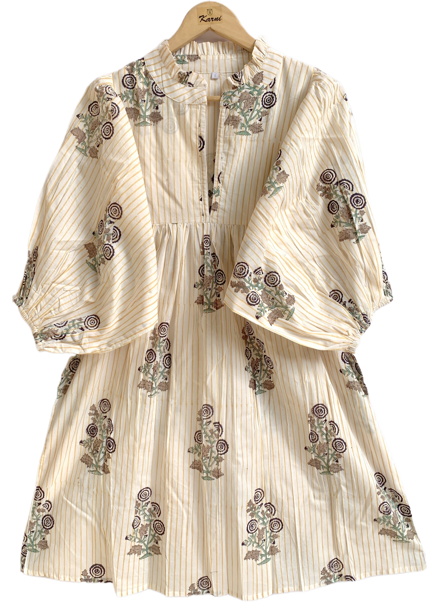 Striped Floral Hand Block Printed Cotton Mini Dress – Puff Sleeve Boho Dress