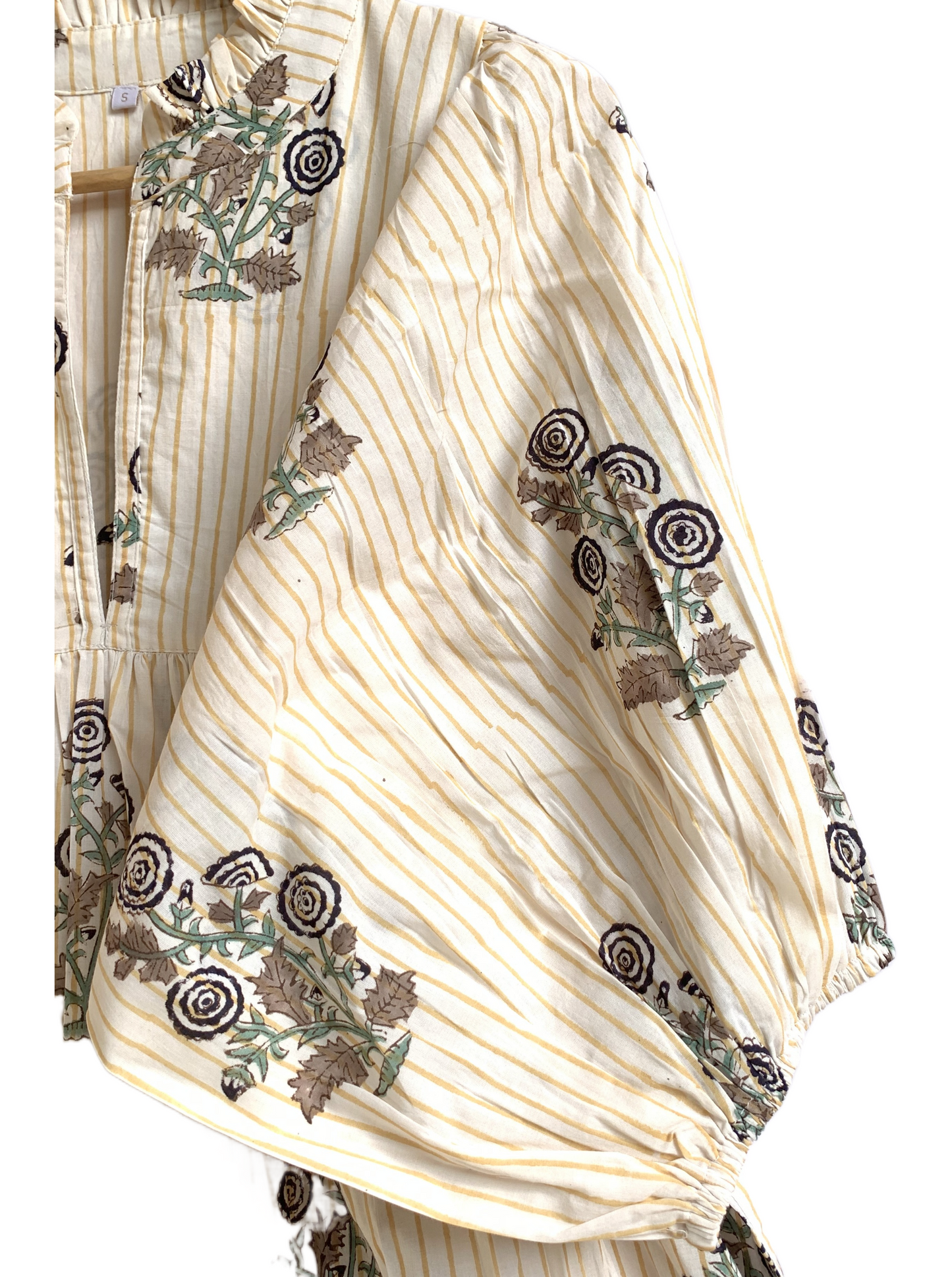 Striped Floral Hand Block Printed Cotton Mini Dress – Puff Sleeve Boho Dress