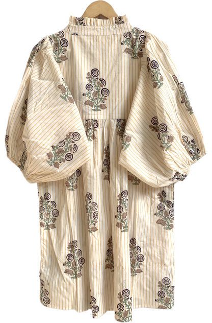 Striped Floral Hand Block Printed Cotton Mini Dress – Puff Sleeve Boho Dress