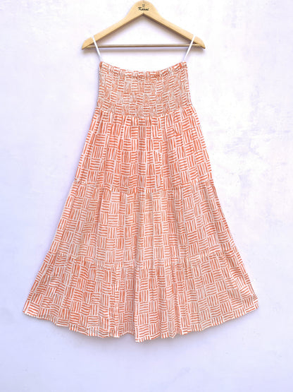 Peach Orange Geometric Hand Block Printed Cotton Skirt – Elastic Waist Boho Indian Skirt